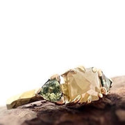 Creamy Yellow Rose Cut Diamond Ring with Green Sapphires