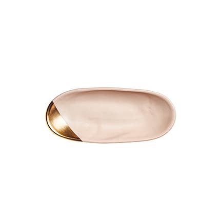 Full view of pink oval dish with top fourth dipped in gold.