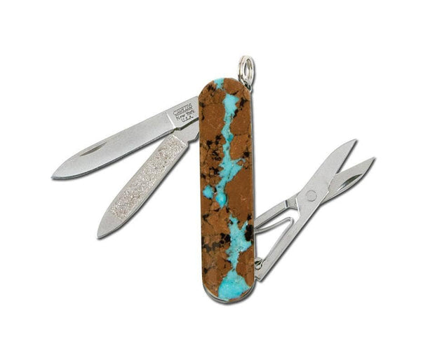 Full view of Vein Turquoise Scissor Knife - Single. This Vein Turquoise knife is crafted by Santa Fe Stoneworks in New Mexico.  A true "army knife" style, these slim profile knives offer utility and function.   