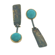 Full view of Fused Lichen Asymmetrical Rose Cut Turquoise Hinged Earrings.