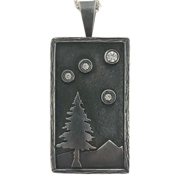 Close up image of Starry Night Pendant with CZ Rectangles with Wooden Border.