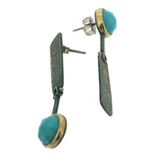 Side view of Fused Lichen Asymmetrical Rose Cut Turquoise Hinged Earrings.