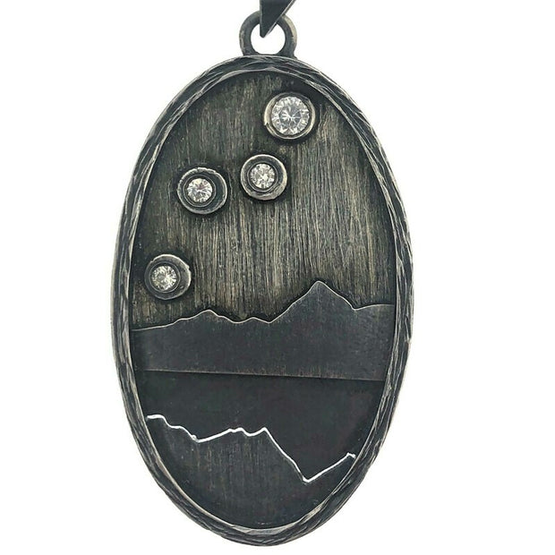 Detail image of Starry Night Pendant with CZ Ovals with Wooden Border.