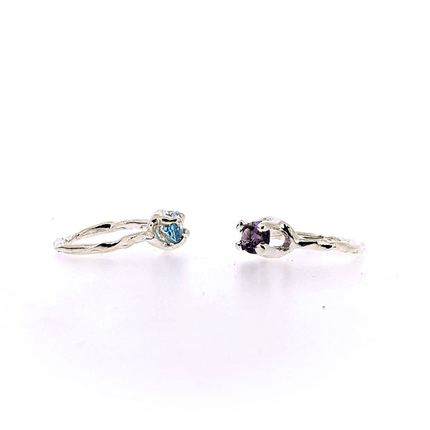 Side view of both Amethyst and Blue Topaz Ada Rings.