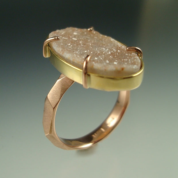 Angled view of top of Peach Druzy Chiseled Ring.