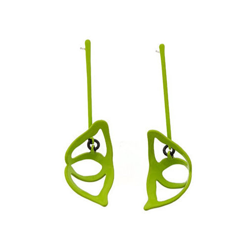 Full view of Open Weave Scoop Drop Earring - Small - Chartreuse. these earrings feature a line drop with a sculptural teardrop-ish shaped pendant.