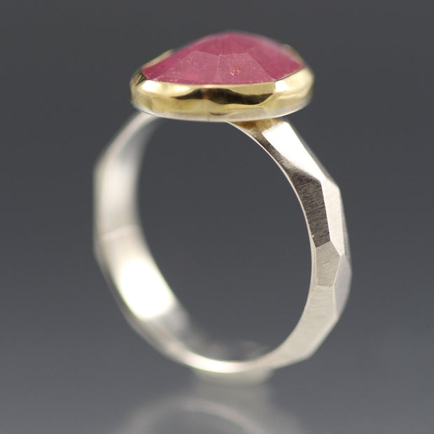 Side view of opening of Rose Cut Pink Sapphire Chiseled Ring.