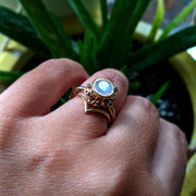 Angled view of Botania Ring on woman's hand.