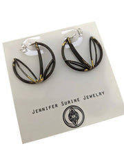 Full image of Small Circle Hoops on display card to give idea of scale. These hoops resemble an unfinished circle and are created with architectural motifs in lines. It has a black finish with hints of gold.