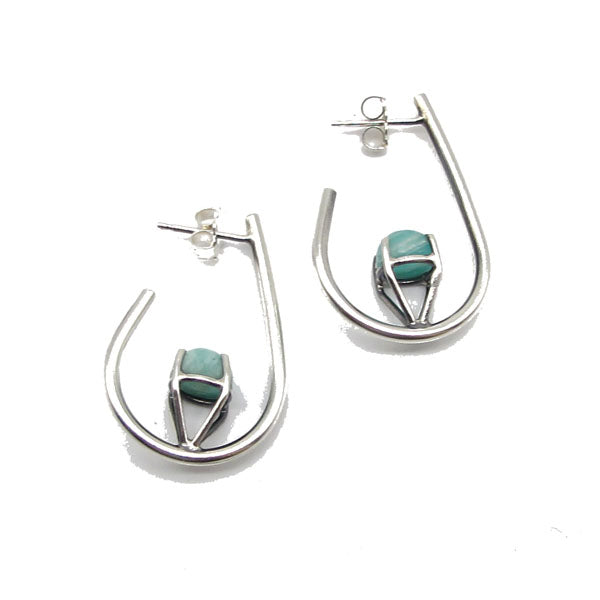 Full view of Amazonite Hoop Earrings. These teardrop hoop earrings showcase a set amazonite in sterling silver.