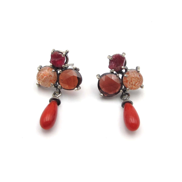 Red 3 Stone Cluster Studs with Dangle
