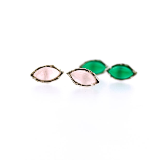 Full view of Rosa - Rose Quartz and Green Onyx earrings stacked in front of one another.