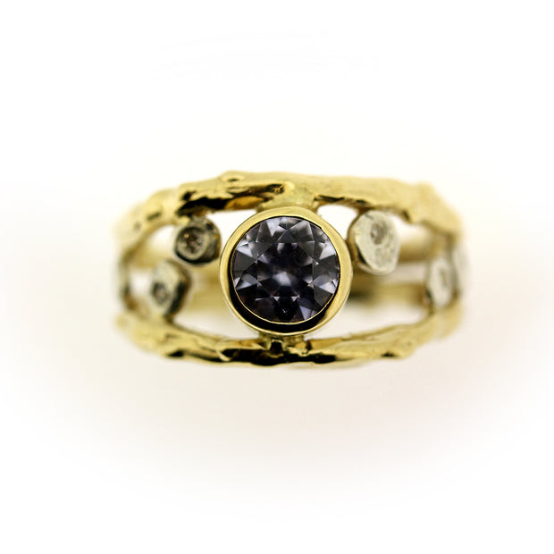 Color change sapphire, diamond, and 18K gold organic ring by Katie Poterala Jewelry