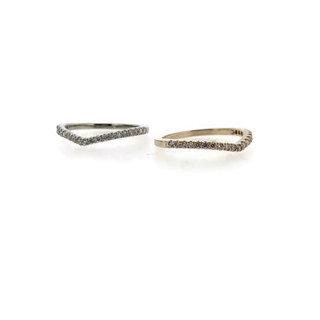 Full view of two Karinna Arched MicroPave Bands sitting next to one another with a white background.