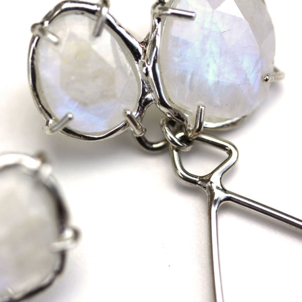 Close up view of rainbow moonstones on Leslee Earrings - Silver.