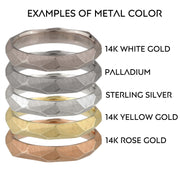 Full image of five different colored metal Men's Facet Rings all stacked on top of one another.