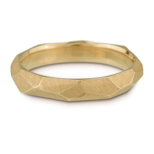 Full image of men's Facet Ring in rose gold. This ring is made in yellow gold and has a faceted texture on top.
