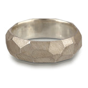Full image of white gold Men's Facet Ring. On a thick band the texture resembles that of a facet.