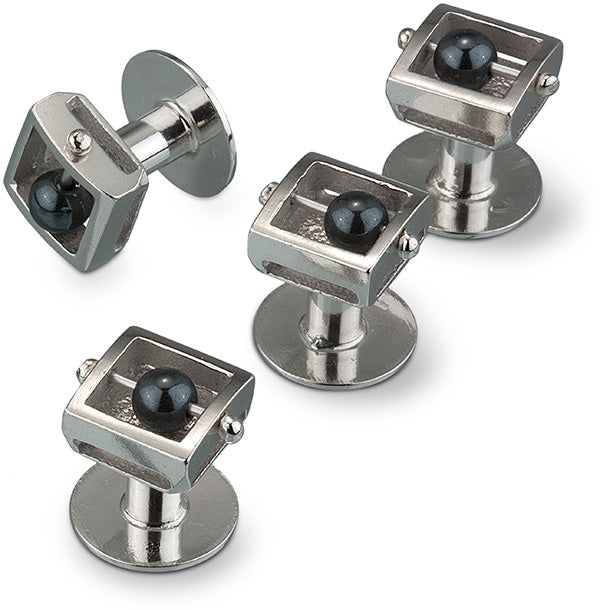 Full view of two pairs of Square Abacus Tuxedo studs. these cufflinks are in the shape of a square, made of silver, have a silver wire running through their middle with a freely moving hematite bead threaded on them.