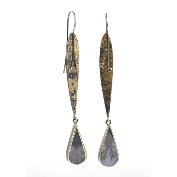 Full frontal image of Fused Lichen Sprout Dendritic Agate Dramatic Long Drop Earrings with a white background.