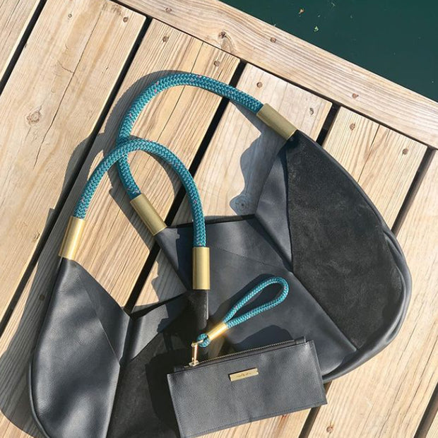Large Black Leather Tote with Seaside Teal Dock Line and Classic Brass