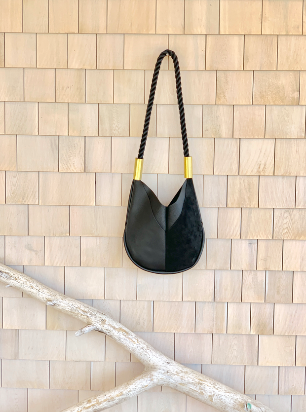 Black Leather Crossbody Tote with Black Dock Line and Classic Brass