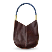 Large Brown Leather Tote with New England Navy Dock Line and Classic Brass
