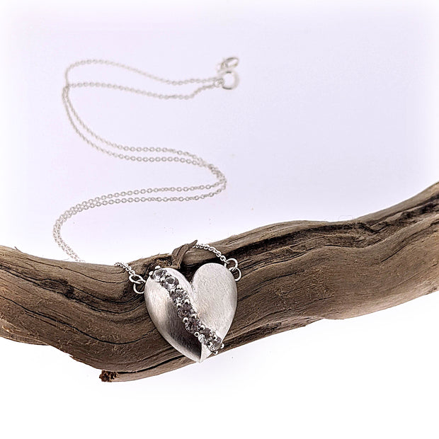 Studded Heart Necklace -White Sapphire