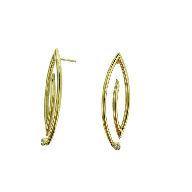 Full image if Golden Marquise Spiral Earrings with white background. These earrings are made of gold and have a set diamond at their ends. 