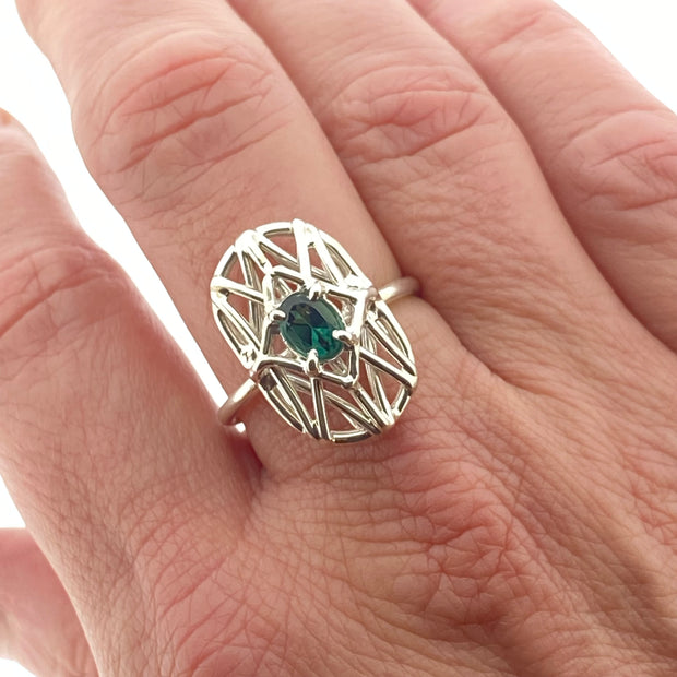 Oval Deco Teal Tourmaline Openwork Ring
