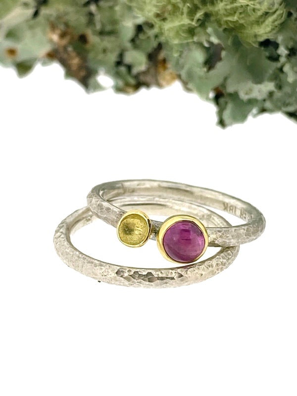 Full view of Luxe Lichen Stacking Ring Set - Pink Sapphire, both rings stacked on top of one another and moss in the background. A circle pink sapphire bezel set in gold with a gold dot next to it all laying on a silver band.
