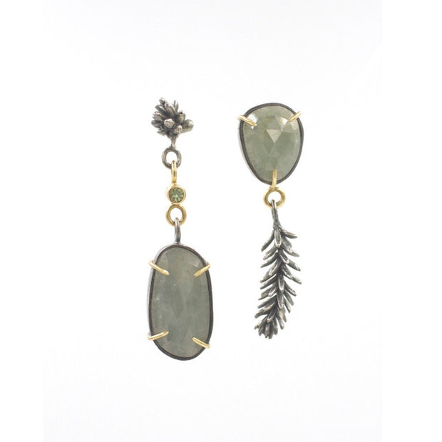 Full view of Succulent Asymmetrical Sapphire Earrings. These earrings showcase set grey-green sapphires with different lengthen succulent type cast pendants.