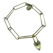 Full view of Paperclip Zen Bullet Prehenite Bracelet. This bracelet has a handmade silver chain and a prehenite bullet pendant.