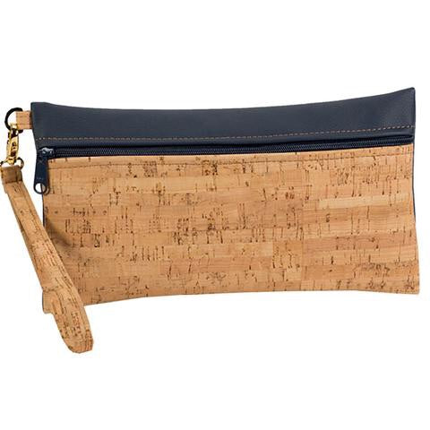 Full view of Be Ready - Large Wristlet - Cork + Faux Leather. this wristlet is all cork colored except for the top third which is black and is separated by the zipper.