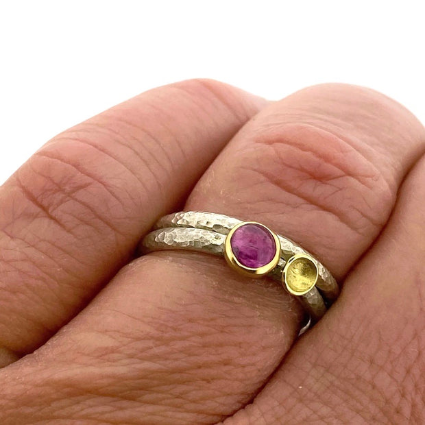 Full view of Luxe Lichen Stacking Ring Set - Pink Sapphire on woman's hand to help give an idea of its scale.