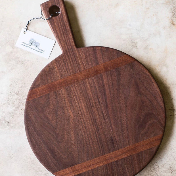 Full view of 12" Round Walnut Cutting Board with Inlay.