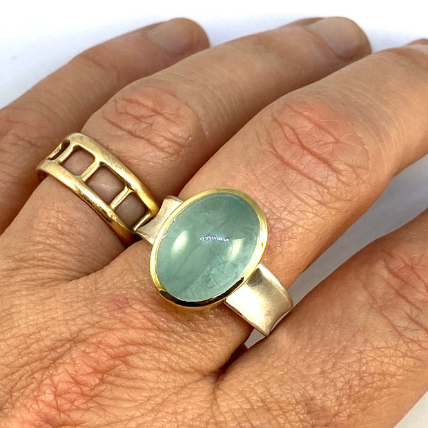 Full view of Aquamarine Valley Ring on finger to give idea of scale of piece.