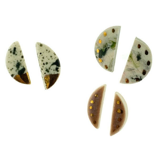 Full view of three different colored Porcelain Half Moon Stud Earrings.
